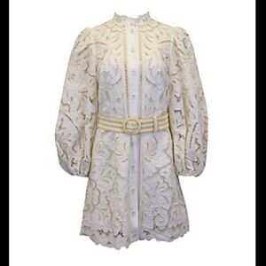 Zimmermann Empire Broderie Anglaise Belted Mini Dress In Ivory Linen Cotton